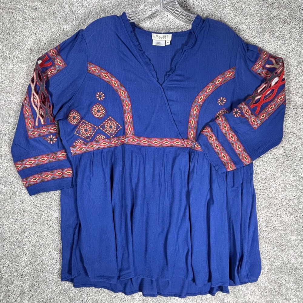 Tru Luxe Jeans Blue Embroidered V‎ Neck Peasant Tunic Top Women's Size M